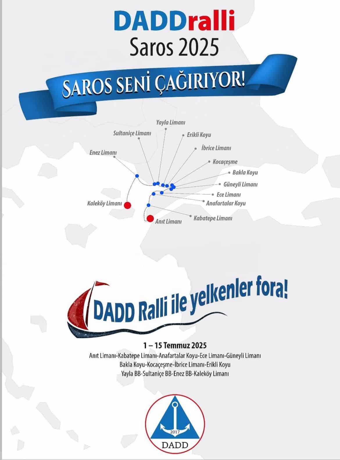 Denizlerdeyiz Amatör Denizciler Derneği (DADD) tarafından bu yıl ikincisi düzenlenen DADDralli Saros 2025’in yeni limanı ve final noktası Gökçeada olacak.2