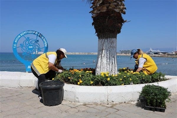 Park ve Bahçeler Dairesi Başkanlığı ekipleri, Kuşadası’nın ana arterlerinde peyzaj
