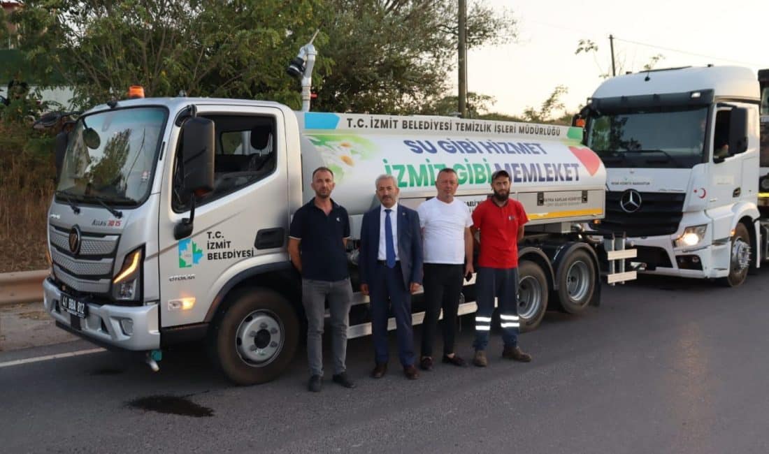 Yangın haberinin ardından İzmit Belediyesi’ne ait arazöz ve kepçe paletli